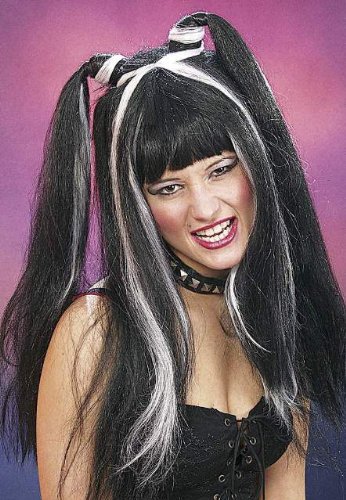 Perücke: „Peggy“, schwarze lange Haare mit weißen Strähnchen - 1